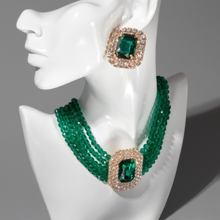 Set 2 items; Earrings, necklace “luxury” large stone, green color in gold, 42 cm