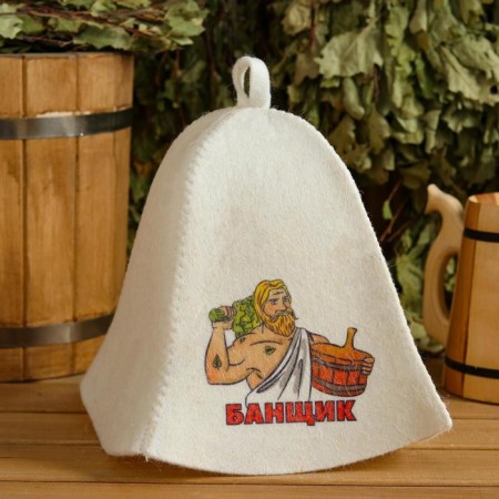Set for the bath "Banshchik" 5 in 1 (bag, hat, mitten, rug, washcloth) with print, white-1