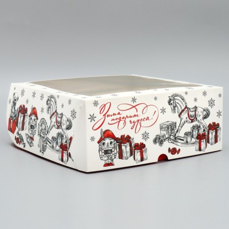 Folding box for 9 cupcakes with the window “Winter will give miracles!”, 25 x 25 x 10 cm, new year