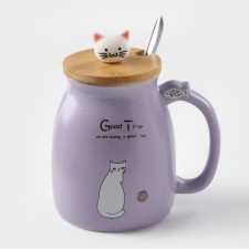 Ceramic mug with a wooden lid and a spoon 