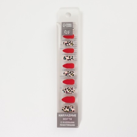 Leo patch nails, 12 pcs, with glue plates, almonds, red, beige-3