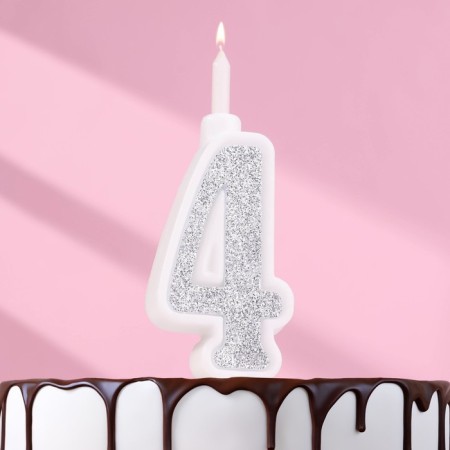 Candle for Cake "Super Blood", 10.4 cm, number "4", silver sparkle