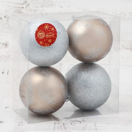 Set of balls plastic D-10 cm, 4 pcs "Winter foliage" silver gold-1