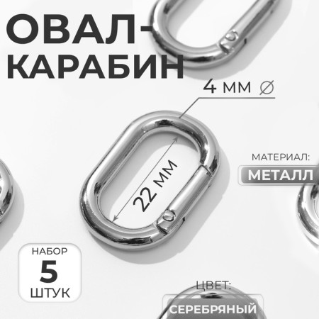 Oval -karabin, 31 × 20 mm / 22 × 12 mm, thickness - 4 mm, 5 pcs, silver color