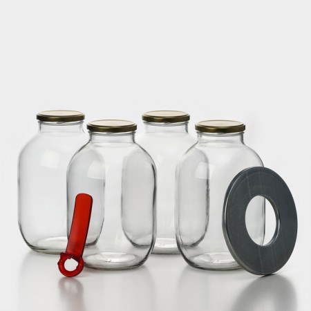 Causing set, cans with a golden lid and label, TO-82 mm, 3 l, sterilizer, opener-1