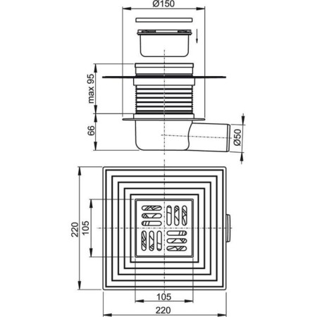 Alcaplast APV26C, 105 × 105/50 mm drain, eyeliner - side, grate - stainless steel-1