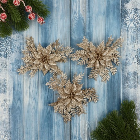 Christmas tree decoration "Flowers with a narrowed petal" (set 3 pcs) 10x10 cm, gold