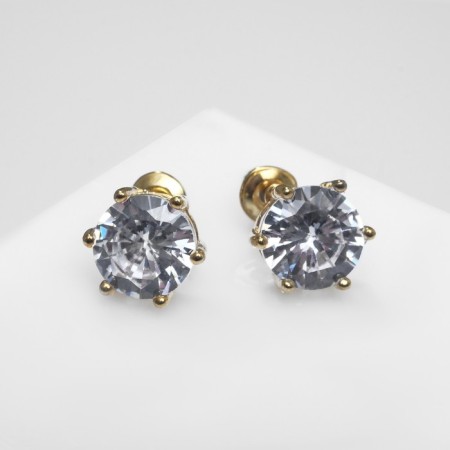 Earrings with pusets rhinestones Classic circle, d = 0.8 cm, white color in gold