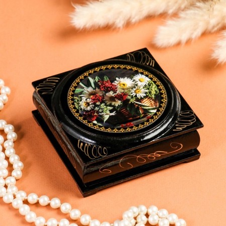 Casket "Flowers" with a lining, 10 × 10 cm, lacquer miniature
