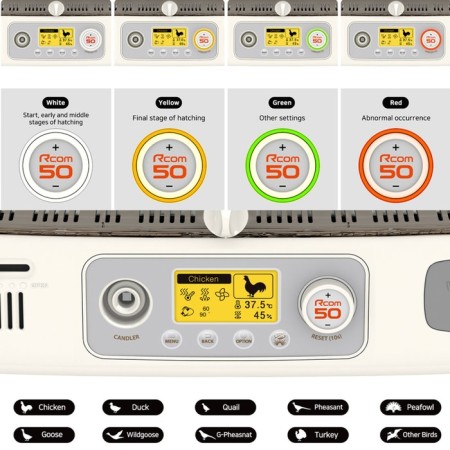 Incubator, 50 eggs, automatic coup, 120 V, with ovoscope, rcom-1