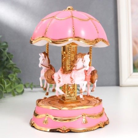 Souvenir Musical Mechanical Light "Carousel - Horses" Pink 12.3x12.3x18 cm-1