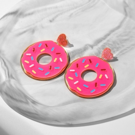 Acryl Earrings "Yummy" Donuts with hearts, pink color in silver-3