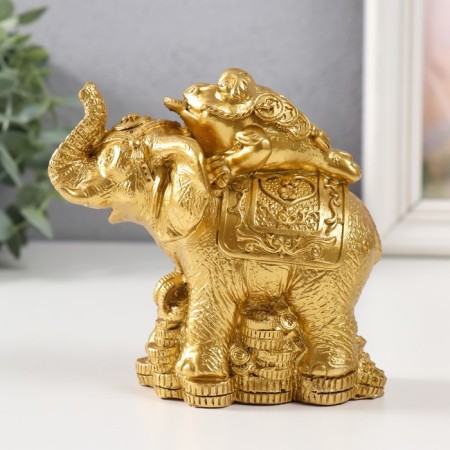 Necc Gold Polystone "Toad on an elephant with coins" 12x6.8x11.2 cm-3
