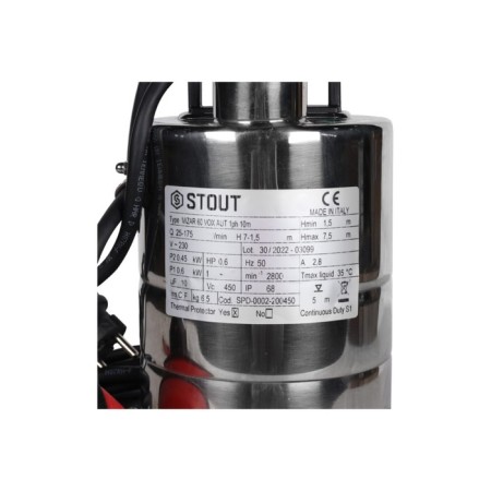 Fecal pump Stout SPD-0002-200450, 600 W, 175 l/min, pressure 7.5 m, cable 10m, float-3