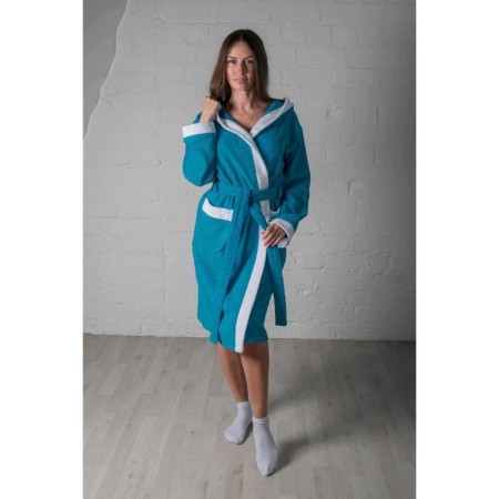 Women's bathrobe, size 56, white/turquoise, mahra