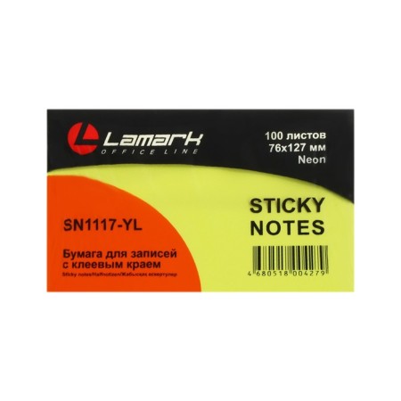 Block with a sticky edge Lamark Neon, 127 × 76 mm, 100 sheets, bright yellow