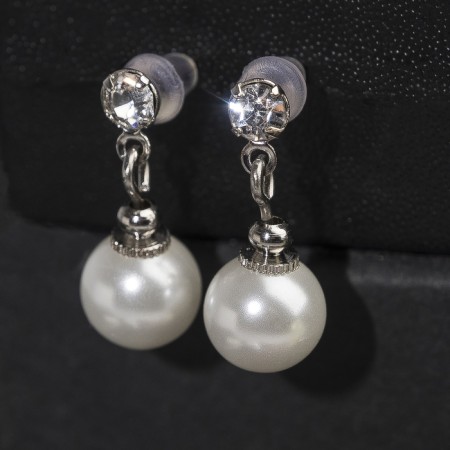 Earrings with pearls "Bride" beads d = 1, with rhinestones, white color