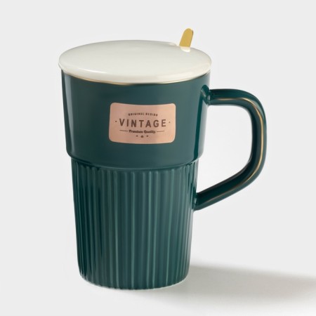 Ceramic mug with a lid and spoon Vintage, 350 ml, emerald color