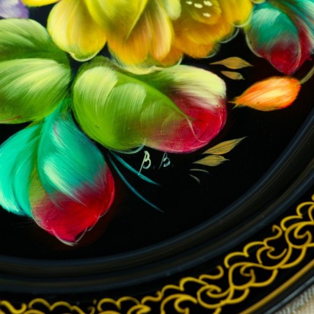 Zhostovsky tray "yellow roses", Kruzhevna, author of Vladykin, 30x23 cm, small, oval-3