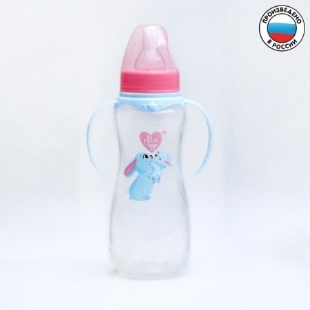 A bottle for feeding "Bunny: Mom and kids", classic throat, 250 ml., 0 months, fitted, with handles-1