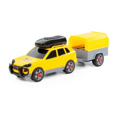 A car with a trailer, the color of mix-3