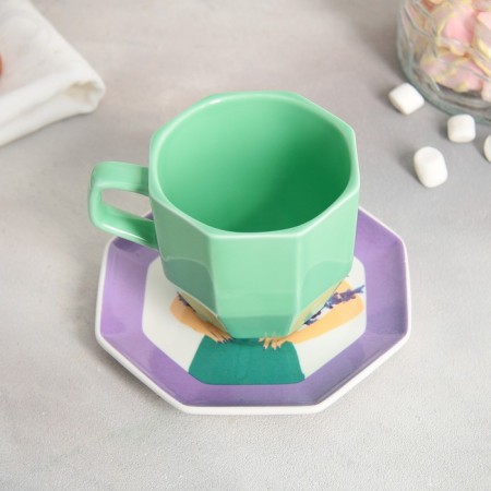 Tea couple ceramic "lavender", mug 200 ml, saucer 13 cm, green color-2