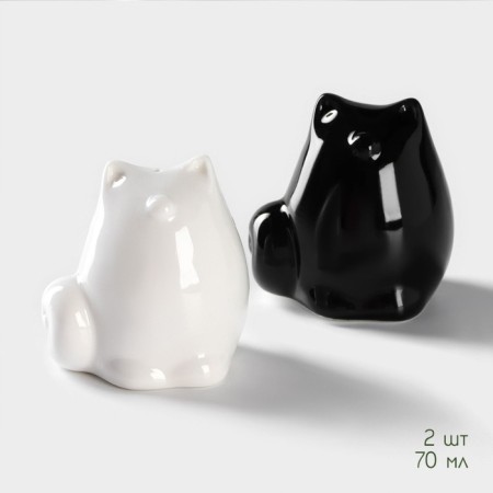 Porcelain set for spices on the bamboo stand Bellatenero “cats”, 3 objects: solo, pipe, stand, white and black color-2