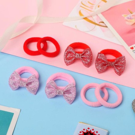 Hair elastic band "Aida" (set of 8 pcs) bows sparkling, pink-red-1
