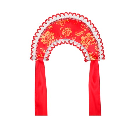 Kokoshnik "Red with a pattern", atlas, tie on a bow-2