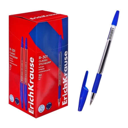 Ballic handle Erichkrause R-301 Classic Stick & Grip, 1.0 mm node, blue, with a rubber holder, a soft and comfortable letter-8