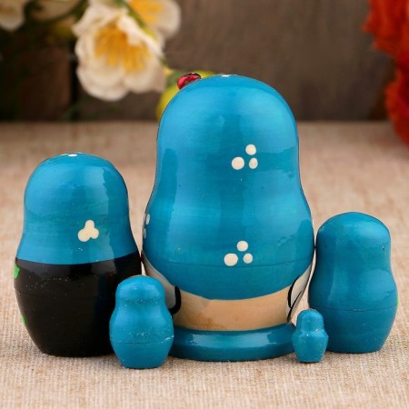 Matryoshka "God's cow", blue dress, 5 puppet, 9-10 cm-5
