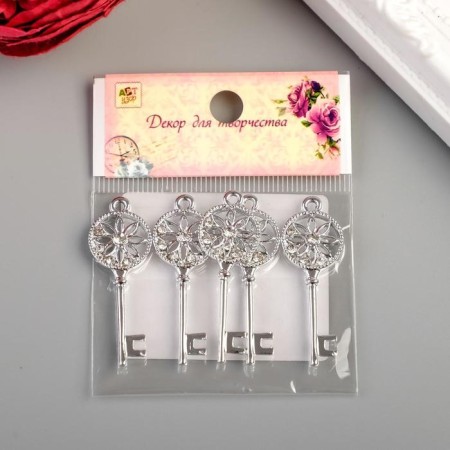 Decor for creativity metal, rhinestones "Key with flower" silver 4x1.5 cm-3