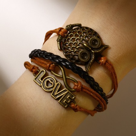 Bracelet "Magic of Signs" owl and infinity, l = 17 cm, color brown-red-3