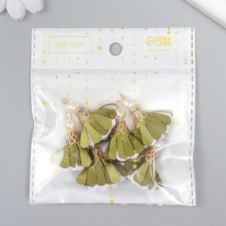 Decor Textile "Flower 2 colors with pearls. Olive and white" set 6 pcs 3 cm-3