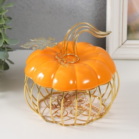 Casket Metal, ceramics "Pumpkin with a leaf" Orange with gold 14x14x13 cm