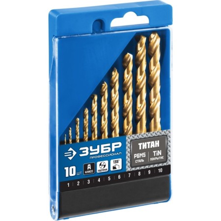 Set of drill on metal bison, P6M5, cylinder. Saar, 1-10 mm, 10 pcs, titanium coating-1