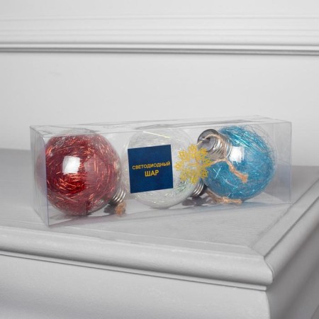 A set of Christmas tree balls "Tinsel color" 3 pcs., Batteries, 5 LED, glow white-2