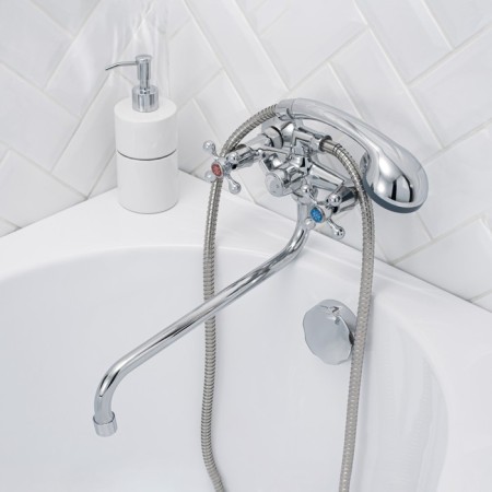 Bath mixer RMS SL71-140, two-wound, long spout, shower watering can and hose, chrome