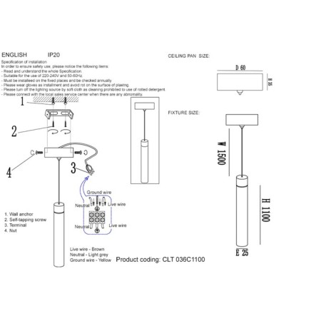 Suspended lamp Crystal Lux, CLT 036 1400/207, LED, 1x3 W, 100x2.5x2.5 cm, white color-1