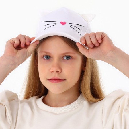 Baby cap for a girl "cat", with ears, color white rr 52-54 5-7 years-10