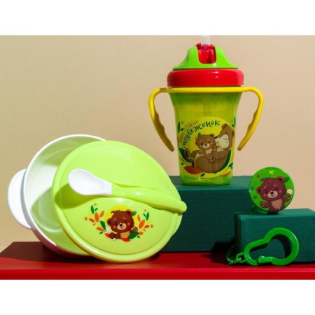 A set of children's dishes "Friends", 3 objects: a plate on a suction cup, cover, spoon, green color-1