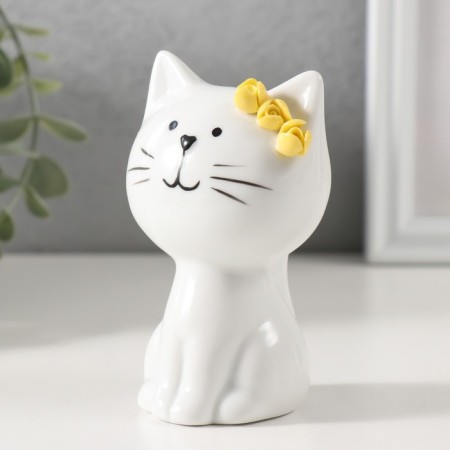 Souvenir Ceramics "White cat with yellow flowers on the ear, sits" 7.2x6.5x10.3 cm-3