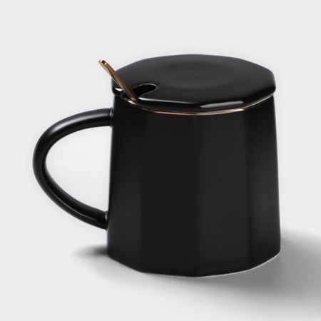 Ceramic mug with a spoon Simple, 350 ml, black color-4