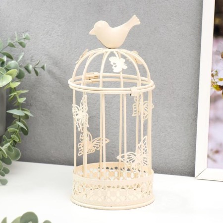 Summary Metal 1 Candle "Bird and a cage with butterflies" White 21.5x10x10 cm