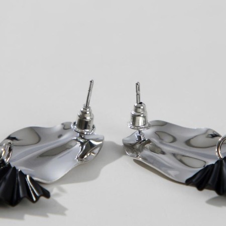 Earrings Metal "Trend" oval and triangle, black color in glossy silver-2