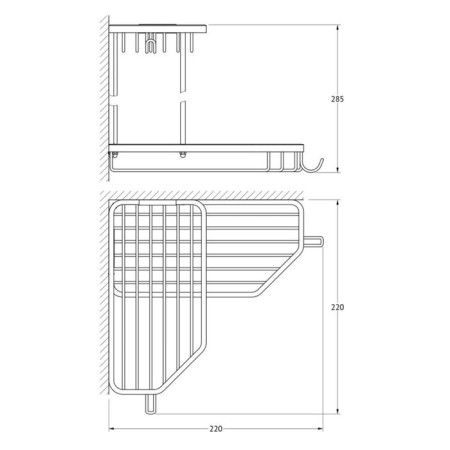 Corner-cutting shelf with hooks, bunk, size 20 x 20 cm, chrome-1