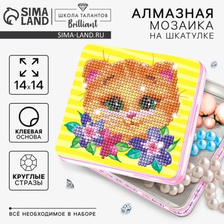 Diamond mosaic with a partial filling on the box "Kotik", 14 x 14 cm