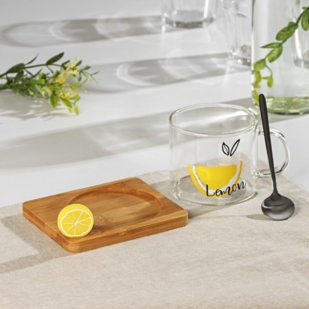 Glass mug with a wooden stand and spoon "Lemon", 300 ml, MIX drawing-2