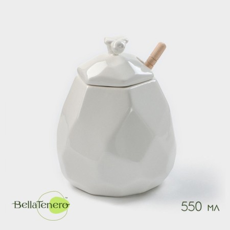 Porcelain capacity for honey with a spoon Bellatenero "Bee", 550 ml, white color