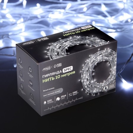 Garland “thread” 10 m, IP44, UMS, white thread, 100 LED, white glow, flickering all LEDs, 24 V-5